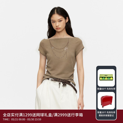 REVAN芮范设计师款松弛感珍珠链印花卡其短袖T恤RK31001549