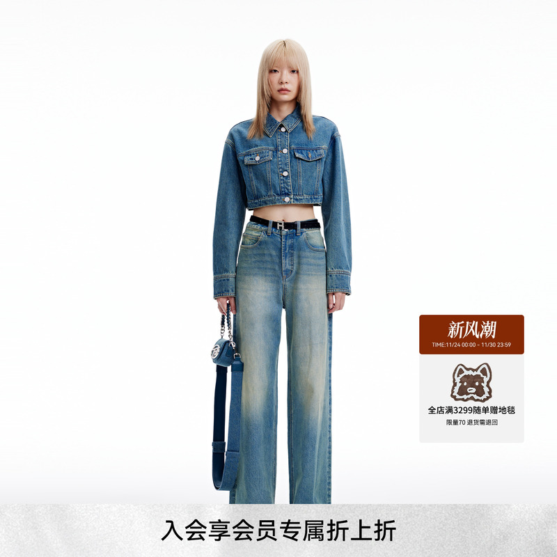 REVAN芮范2023冬季新品设计师款复古街头风牛仔外套RN90109260