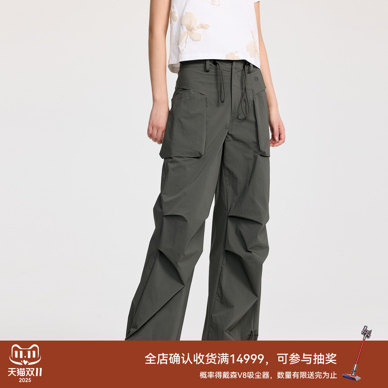 REVAN芮范2025夏季新品设计师款甜酷草木绿褶皱工装裤RL31301229