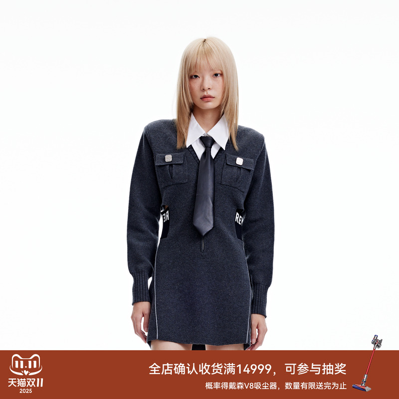 REVAN芮范2023冬季新品设计师款通勤感收腰毛衣连衣裙RN91103376