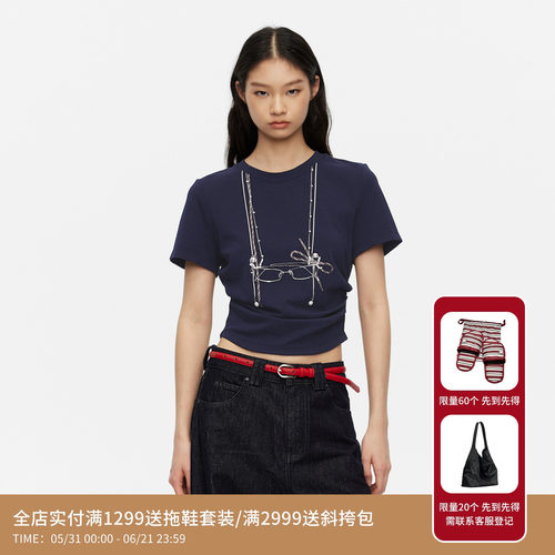 REVAN芮范设计师款珍珠链条眼镜印花T恤RL11001016