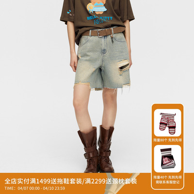 REVAN芮范设计师款复古松弛破洞毛边满钻牛仔马裤RK31305171