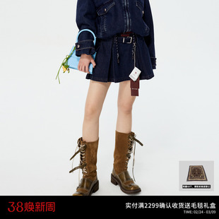 REVAN芮范设计师款解构美学腰头拼接假两件牛仔百褶裙RK11502064