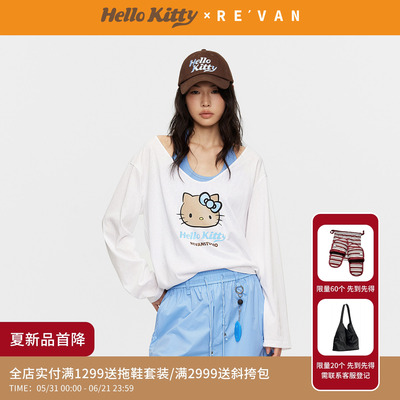 REVAN芮范黑皮HelloKitty蓝白撞色真两件挂脖长袖T恤RK31001025