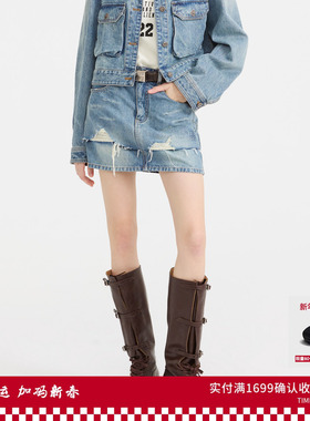 REVAN芮范设计师款做旧破洞剪边牛仔短裙RL11502221