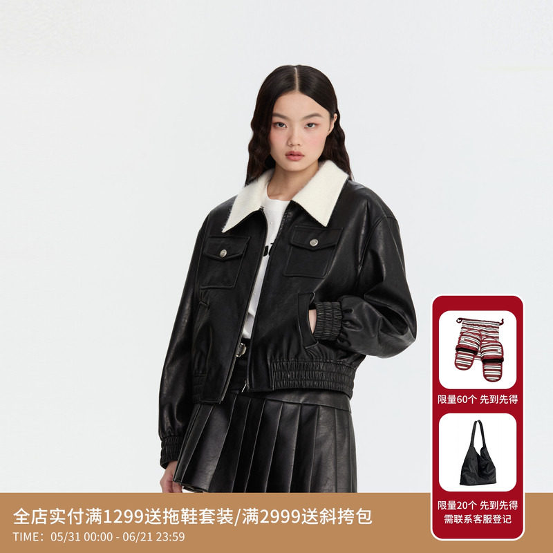REVAN芮范豹纹压印皮夹克外套RM90103269