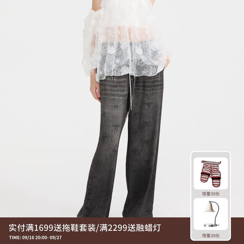 REVAN芮范设计师款混搭蝴蝶结牛仔印花裤RL11301241
