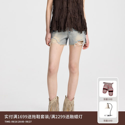 REVAN芮范设计师款复古A型破洞牛仔短裤RL31307100