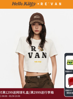 REVAN芮范黑皮HelloKitty趣味LOGO百搭白色T恤RK31001046