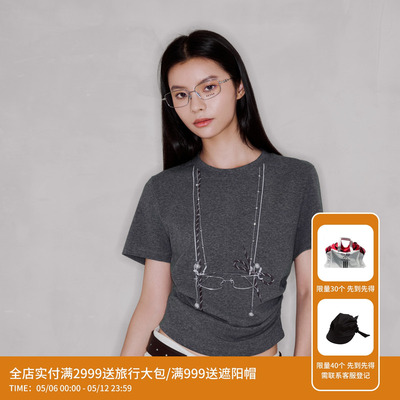 REVAN芮范设计师款链条眼镜印花灰色T恤RL31001516