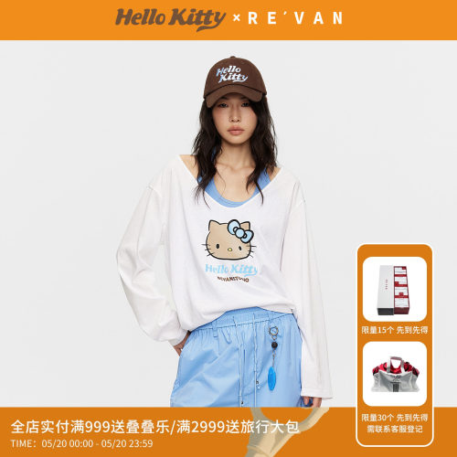 REVAN芮范黑皮HelloKitty蓝白撞色真两件挂脖长袖T恤RK31001025