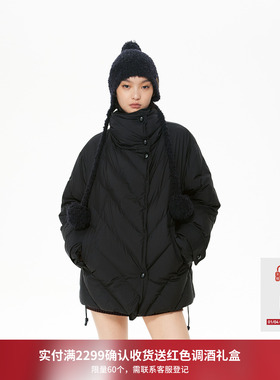 REVAN芮范设计师款质感毛球帽黑色羽绒服RL90502494