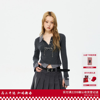 【朴池原同款】REVAN芮范质感眼镜链条格纹拼接毛衫RK10601427