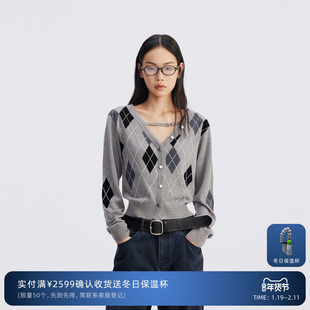 REVAN芮范设计师款经典菱格纹毛衣短开衫RL72801114