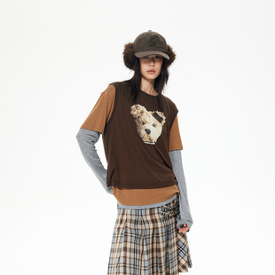 REVAN芮范设计师款 叠层撞色小熊印花T恤RL91001047