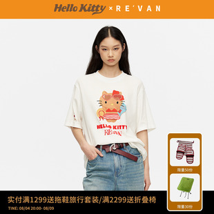 REVAN芮范黑皮HelloKitty夏日慵懒宽松闪粉胶印T恤RK31001215