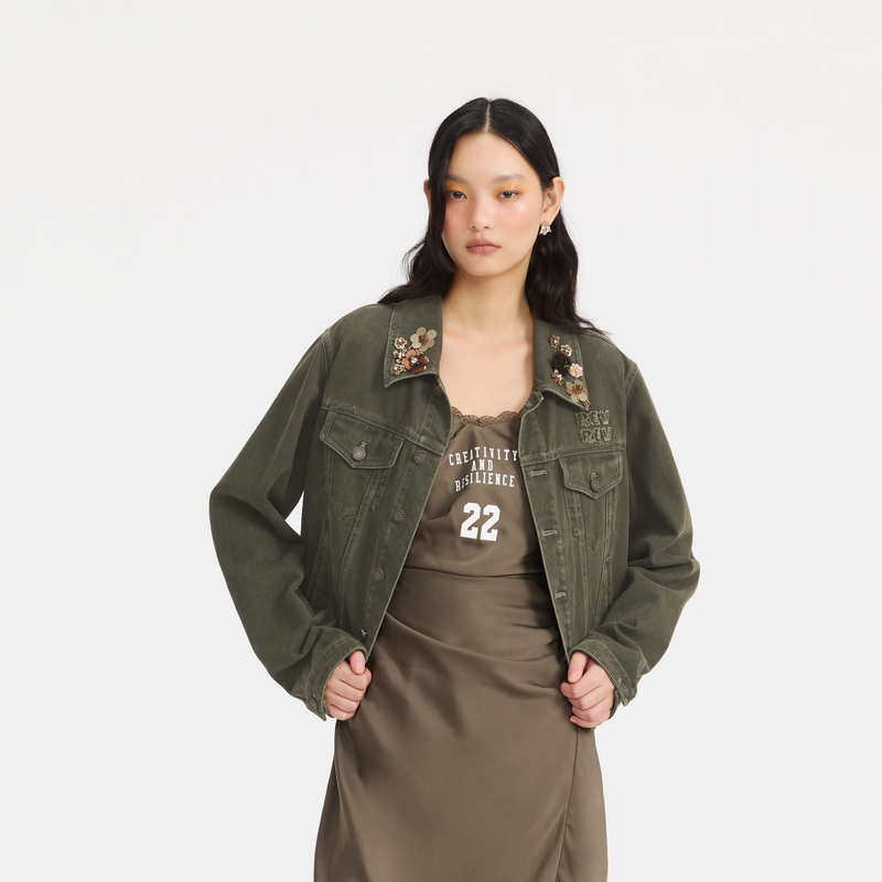 REVAN芮范设计师款珠片花军绿色牛仔外套RL10109239