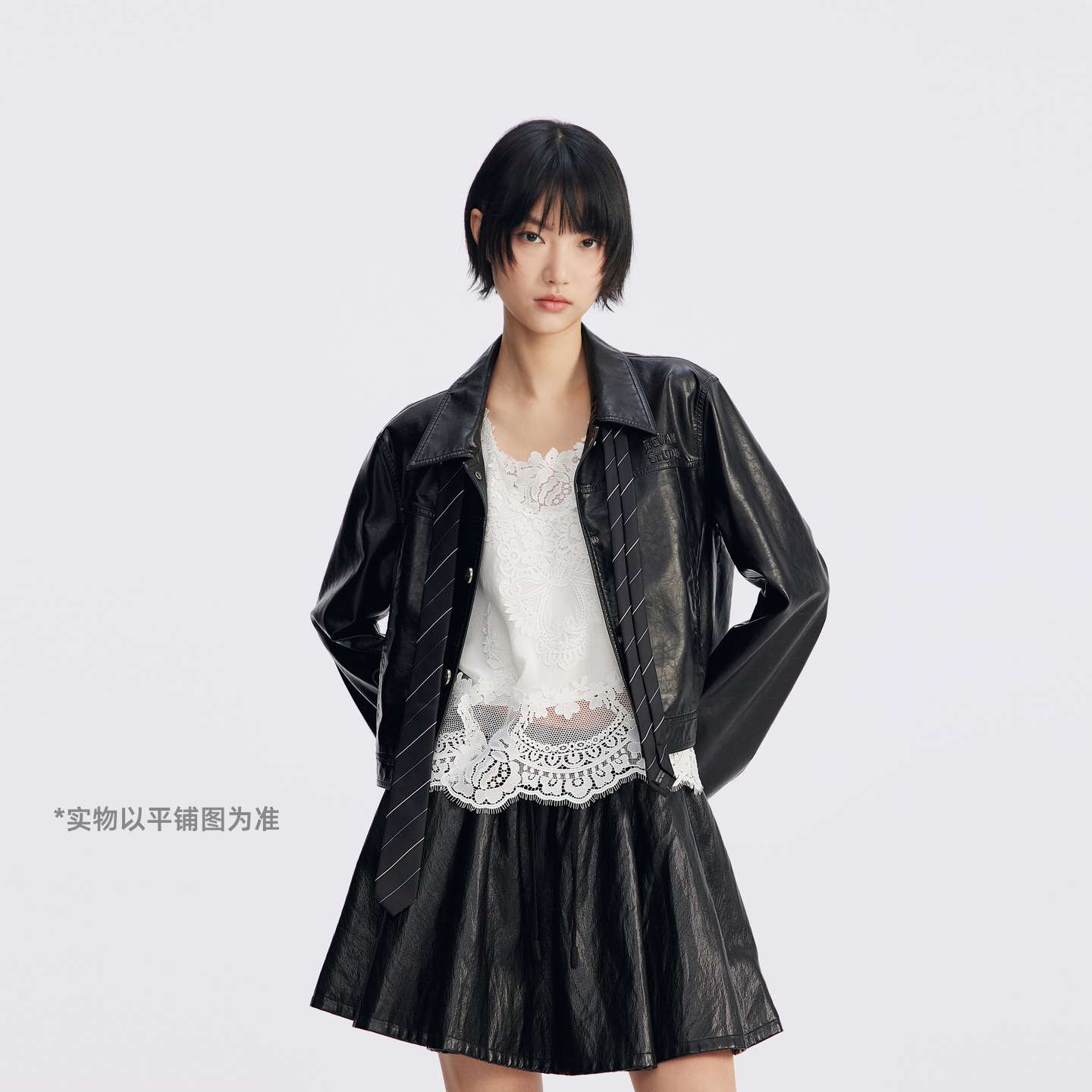 REVAN芮范设计师款经典斜纹领带PU皮外套RL70105379