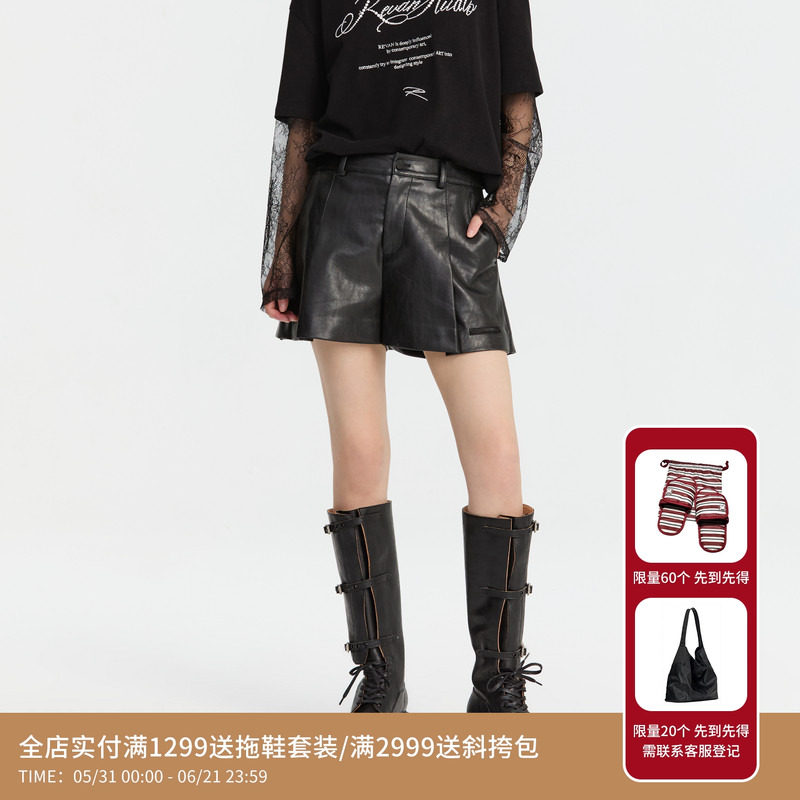 REVAN芮范设计师款酷感皮革高腰百褶裙裤RM91306123