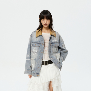 REVAN芮范HelloKitty简笔涂鸦复古撞色翻领牛仔外套RK10111490