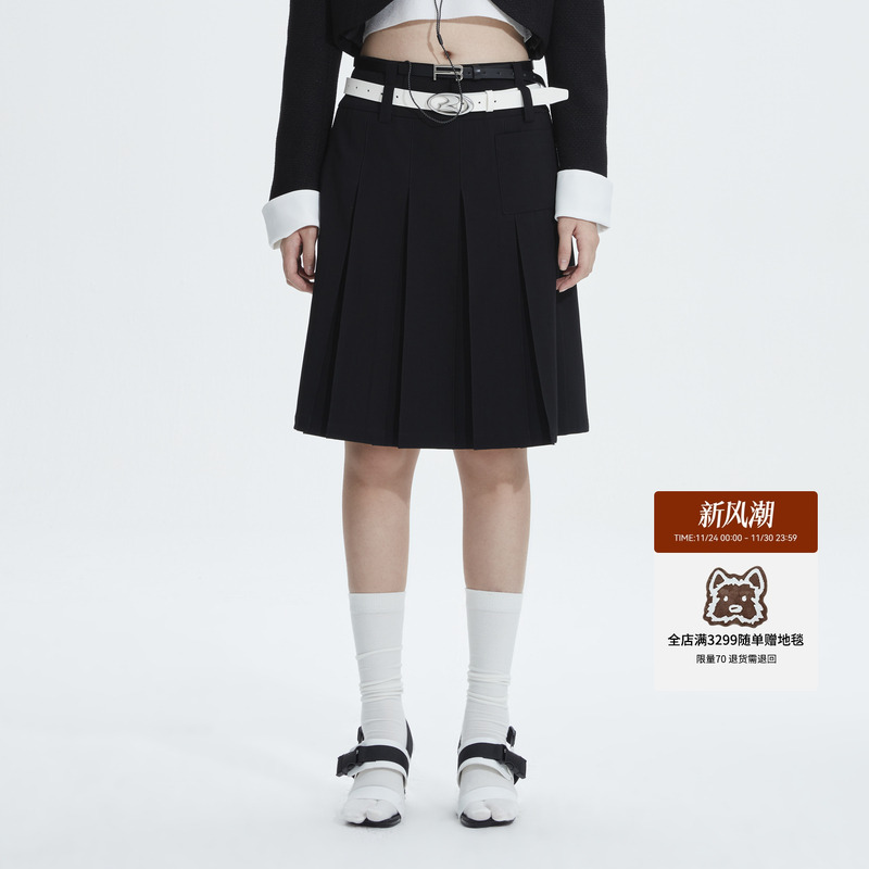 revan甜酷双腰带百褶中裙