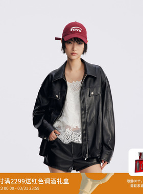 REVAN芮范设计师款酷感擦色白边PU皮外套RL70110187