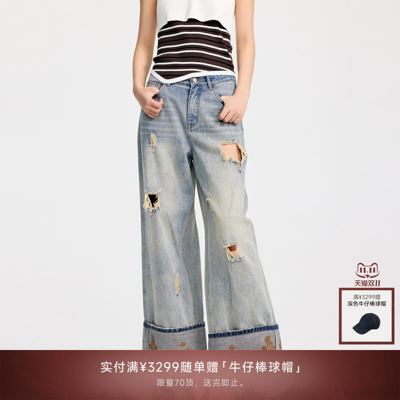 REVAN芮范2025夏季新品设计师款复古风植物印花牛仔裤RL31302104