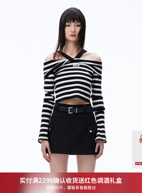 REVAN芮范设计师款辣妹风条纹露肩毛衫RN70601124