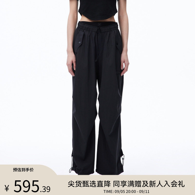 REVAN芮范2024夏季新品设计师款街头风双腰头工装裤降落伞裤