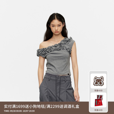 REVAN芮范设计师款浪漫手工立体花朵斜肩T恤RK31001304