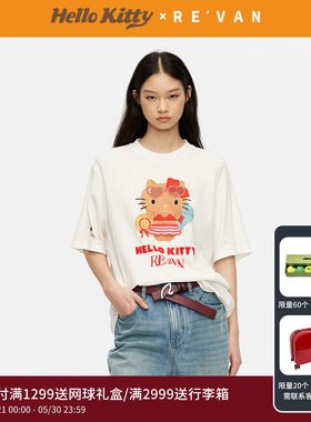 REVAN芮范黑皮HelloKitty夏日慵懒宽松闪粉胶印T恤RK31001215