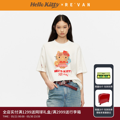 REVAN芮范黑皮HelloKitty夏日慵懒宽松闪粉胶印T恤RK31001215