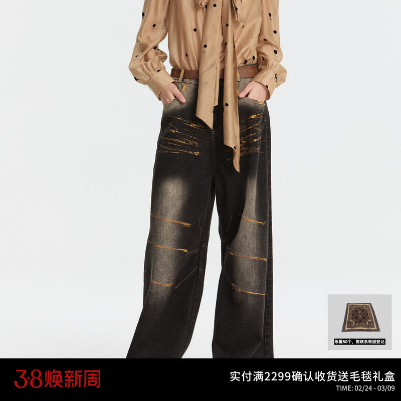 REVAN芮范设计师款街头感烫金牛仔长裤RM91302099