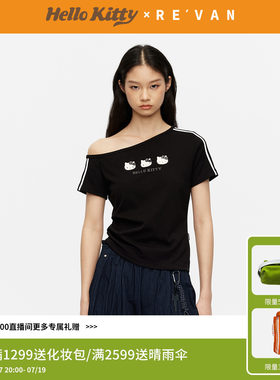 【双生系列】REVAN芮范变色HelloKitty俏皮黑色斜肩T恤RK31001051