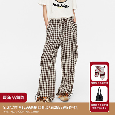 REVAN芮范设计师款慵懒时髦褶皱肌理感咖啡格子裤RK31301309