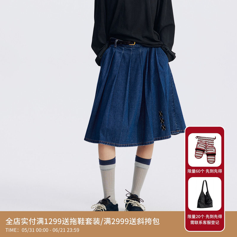 REVAN芮范设计师款经典原色牛仔百褶中裙RL71505125