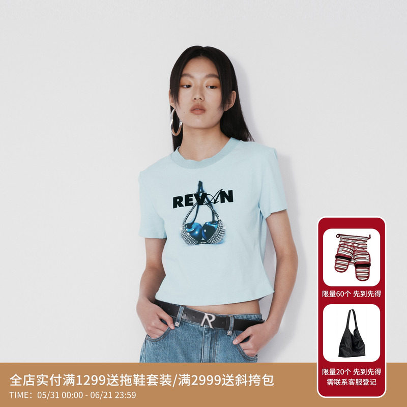 REVAN芮范设计师款酷感蓝色樱桃图案T恤RM71001006
