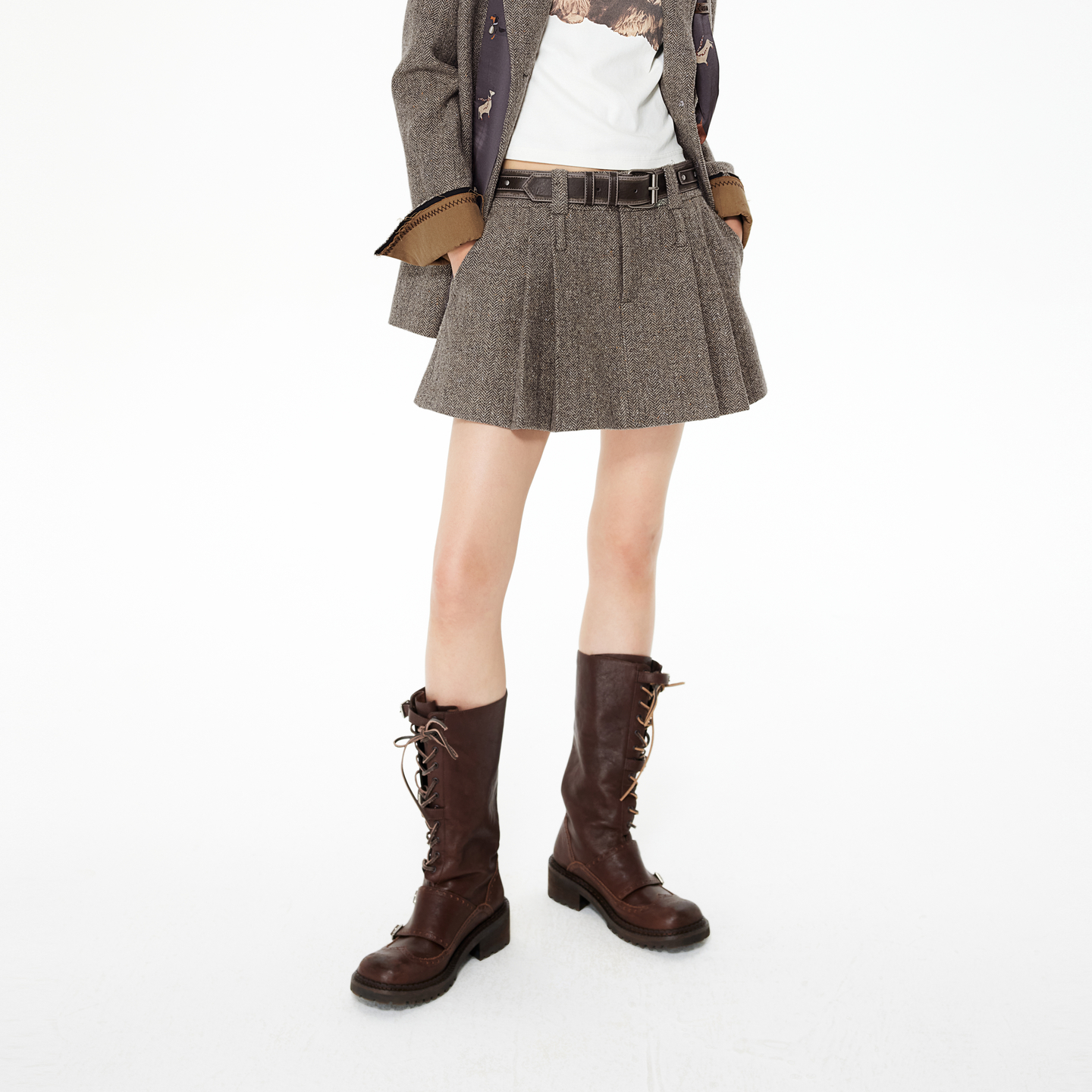 REVAN芮范设计师款经典人字纹毛呢短裙RL91501208