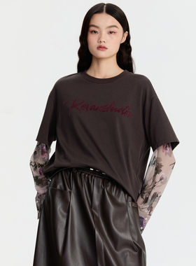 REVAN芮范设计师款质感碎花花布棕咖T恤RM91001129