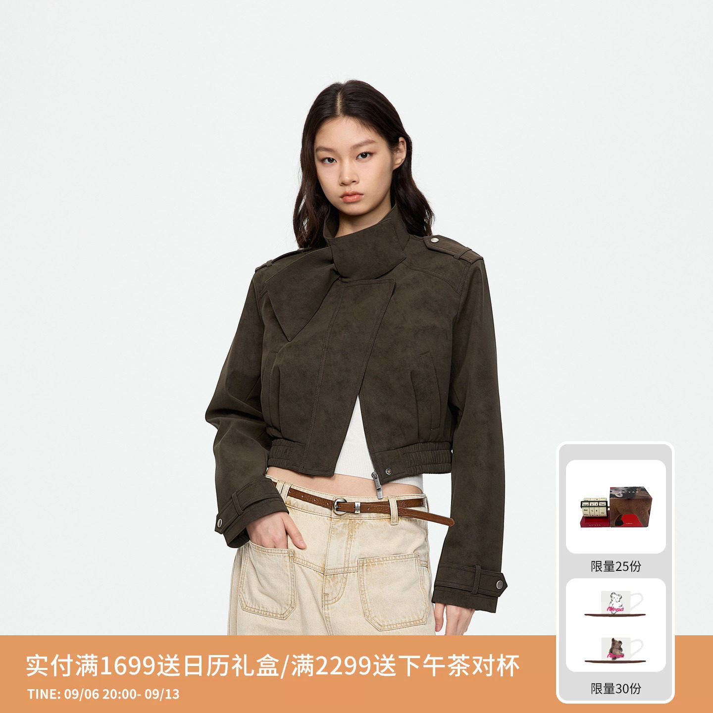 REVAN芮范设计师款质感哑光军绿色立领蝴蝶结短外套RK70105078图片