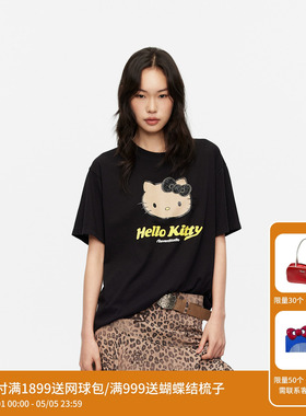 REVAN芮范黑皮HelloKitty假日感鱼子酱黑色宽松T恤RK31001039
