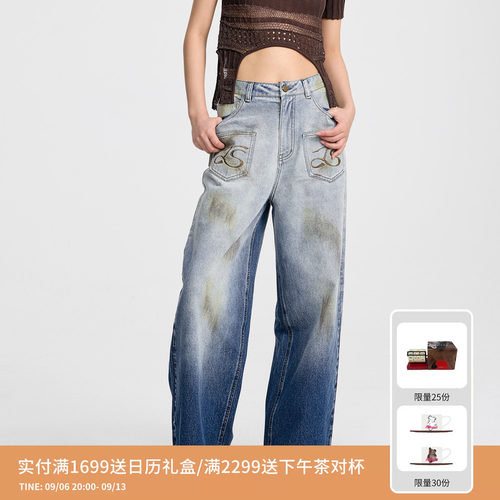 REVAN芮范设计师款做旧LOGO刺绣牛仔裤RL31302213