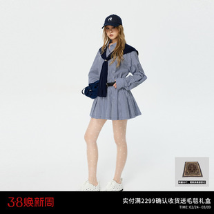 REVAN芮范设计师款经典蓝白格纹立体花袖连衣裙套装RK11101266