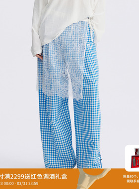【鞠婧祎同款】REVAN芮范蓝白色格纹休闲裤RL71301063