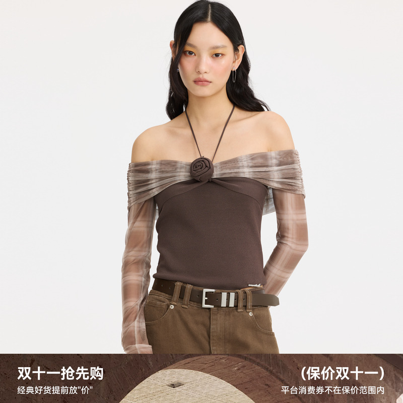 REVAN芮范2025春季新品设计师款玫瑰花格纹一字肩单衣RL10801047