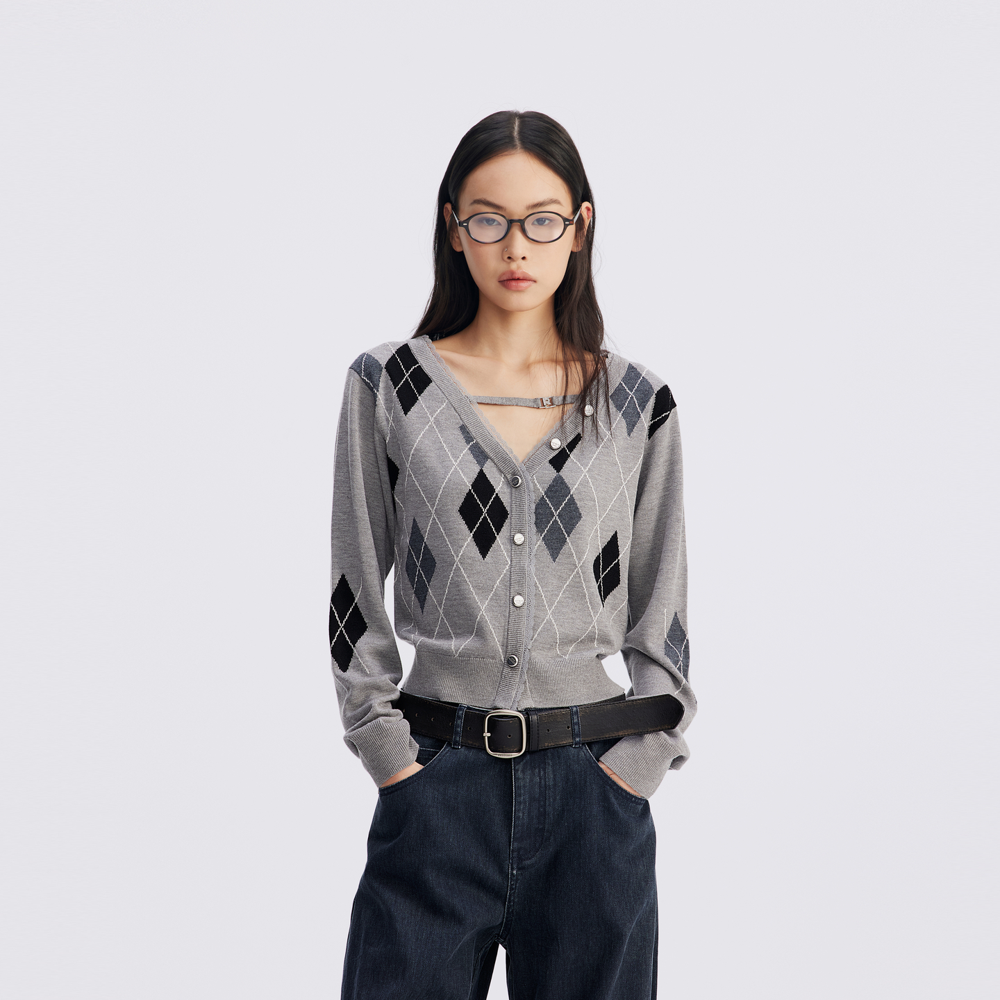 REVAN芮范设计师款经典菱格纹毛衣短开衫RL72801114