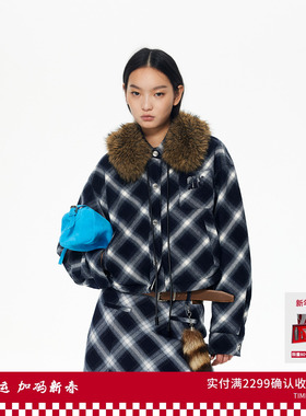 REVAN芮范设计师藏青格纹可拆领子小欧包派克羽绒服RL90501091