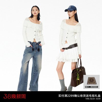 REVAN芮范设计师款假两件一字肩针织上衣RL90601379