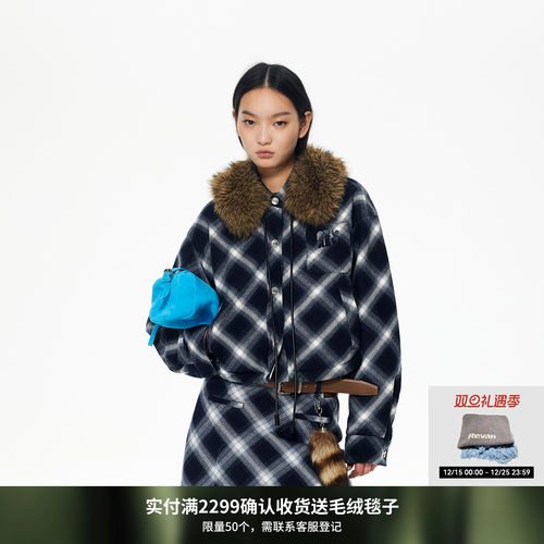 REVAN芮范设计师藏青格纹可拆领子小欧包派克羽绒服RL90501091
