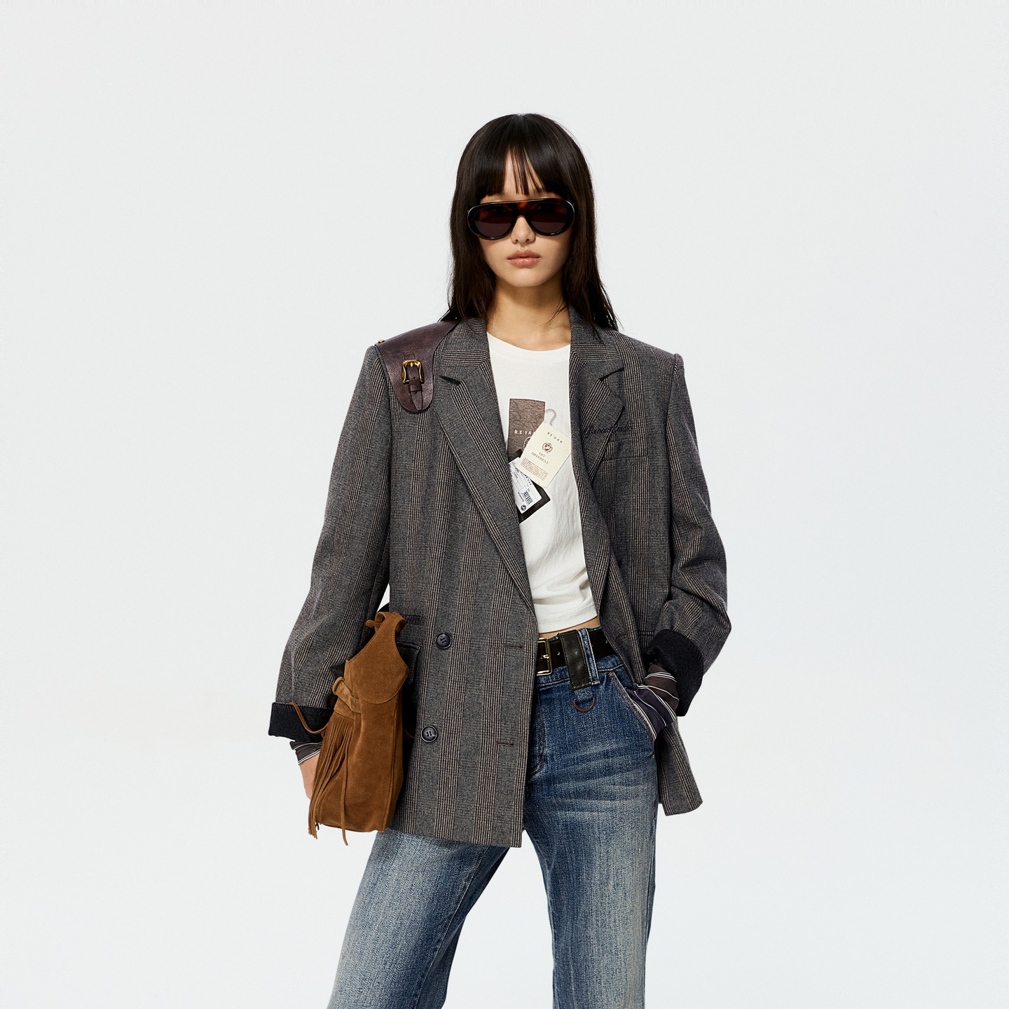 REVAN芮范设计师款质感双排扣马术风肩部饰片格纹西装RK12601103